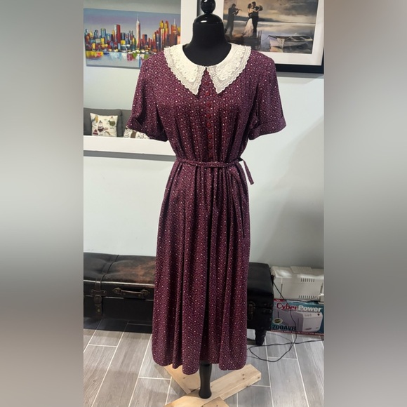 karin stevens Dresses & Skirts - Vintage 80’s❤️Karin Stevens Eve Midi Dress with White Lace Collar- Sz 12